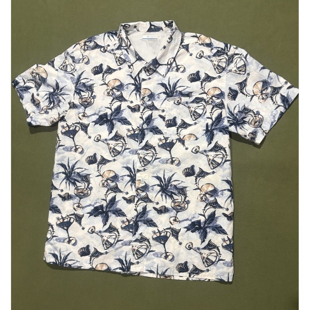Columbia PFG Hawaiian Fishing Shirt Men’s Large Fish & Drinks Tropical Button Up